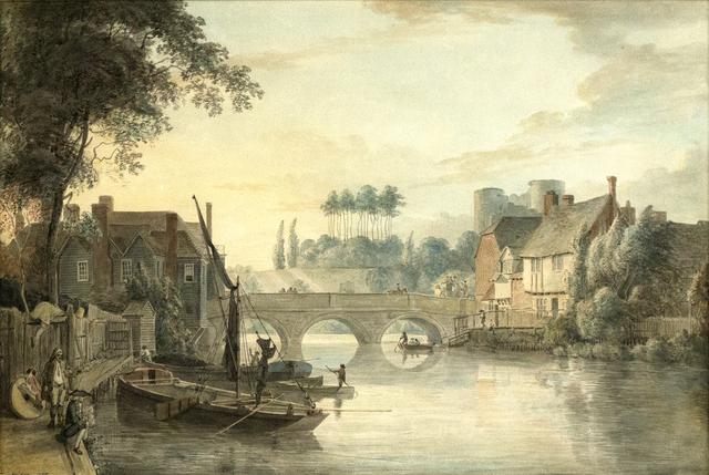 Landscape with small bridge over river, houses on either side and boats with people at lower left and small boat with man under bridge