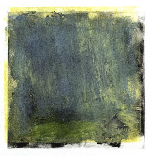 Abstract landscape with blue shape at top and green at bottom on yellow square