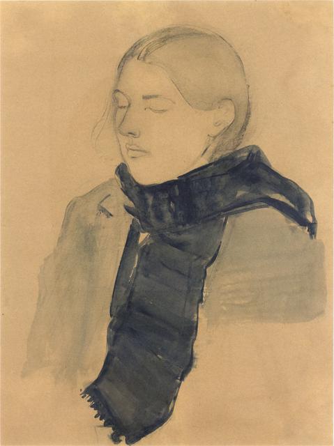 Woman with hair parted at center, wearing long blue scarf on tan paper