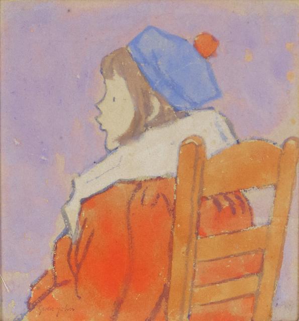 Girl in red coat with blue beret seated in wooden chair, facing left