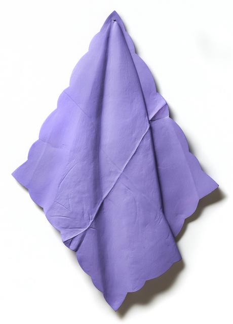 Purple draped napkin, hanging from top corner