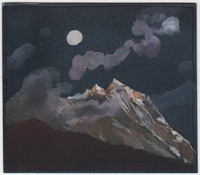 Snow capped mountains with lilac clouds and brown mountain at bottom center with 3/4 of moon in the night sky