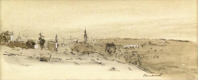 Landscape with small hills, treesm and houses on tan paper