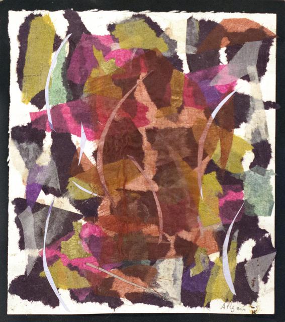 Multicolored collage with pink, orange, yellow, purple, and green shapes on black and white ground
