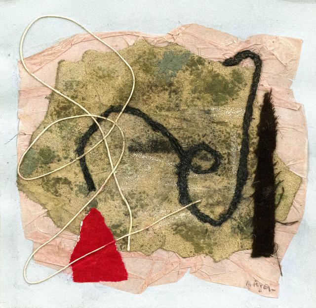 Abstract collage with black line on beige shape on larger pink shape with red triangle at bottom left