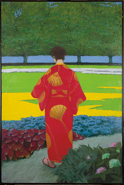 Woman facing away in red kimono with fan print looks at yellow and green garden with row of trees at top center