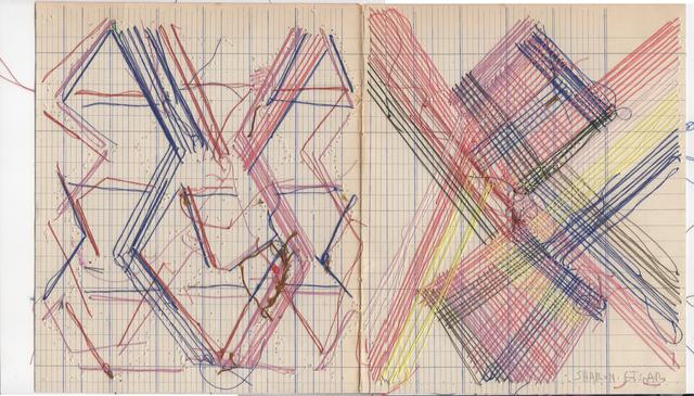 Abstract pink, red, blue and yellow design of diagonnally intersecting threads on ledger book page