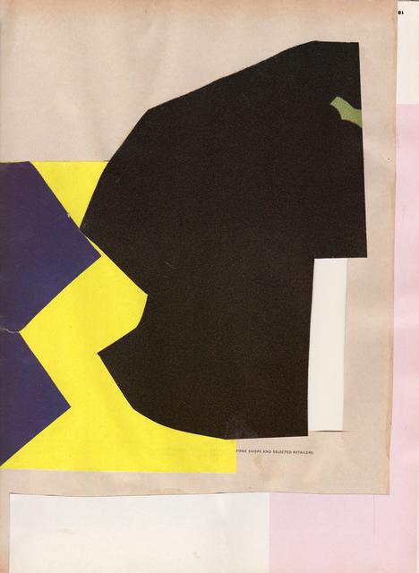 Large black abstract shape with blue and yellow zig zag on tan square with light pink rectangle at right
