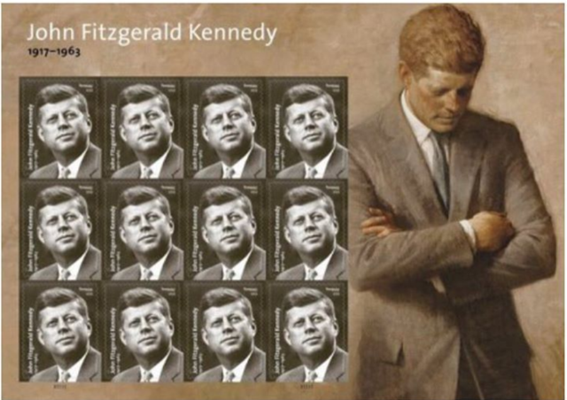 Portrait of John F. Kennedy omn the right side, on the left side twelve miniature photographs of John F. Kennedy