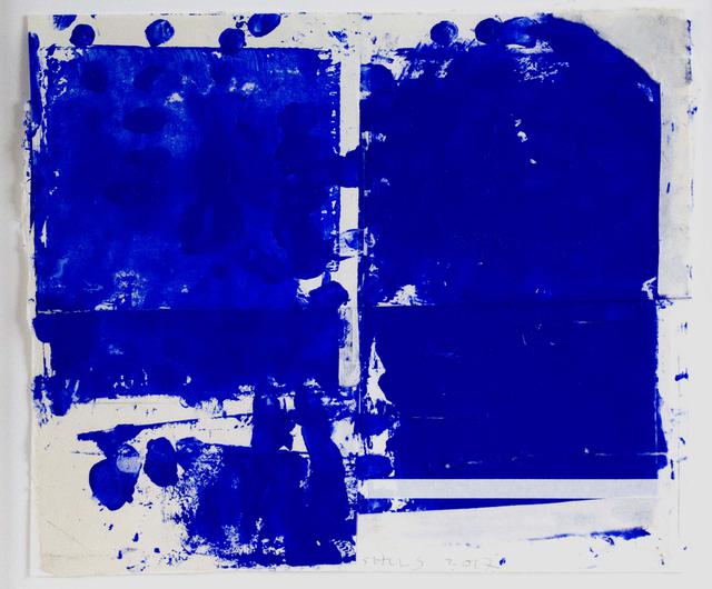 Royal blue abstract geometric shapes in two rectangles on white paper