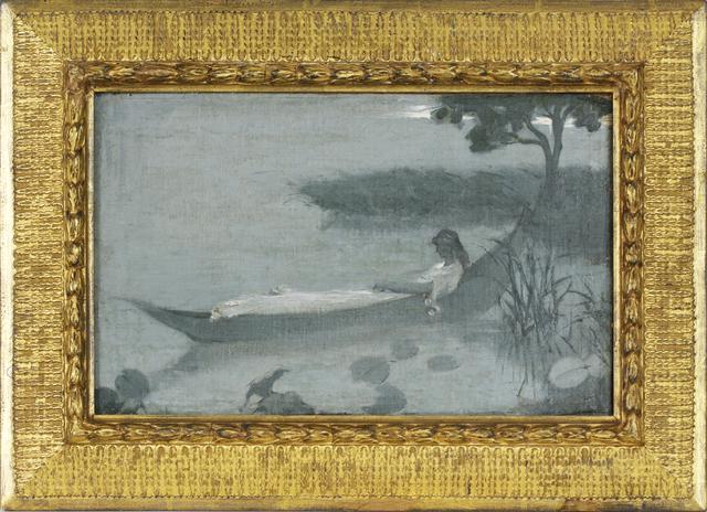 Figure seated in long boat surrounded by lilypads, single tree at the upper right corner