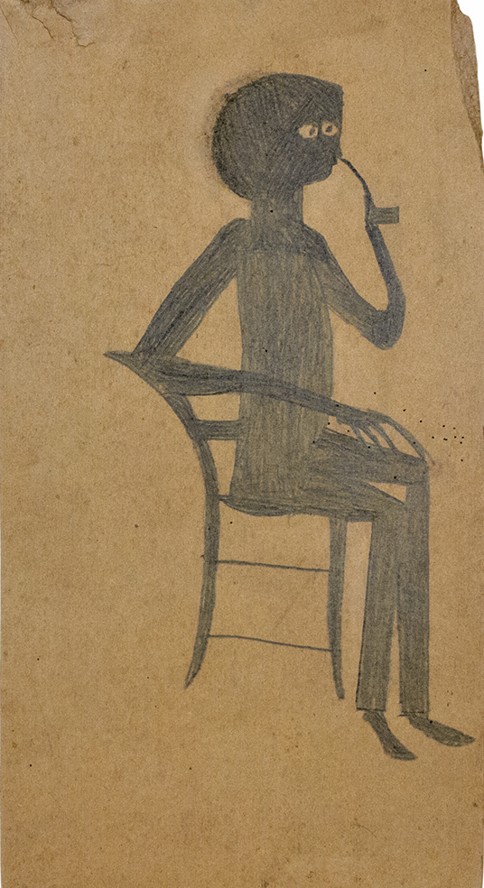 Figure with close set eyes smoking pipe seated in chair