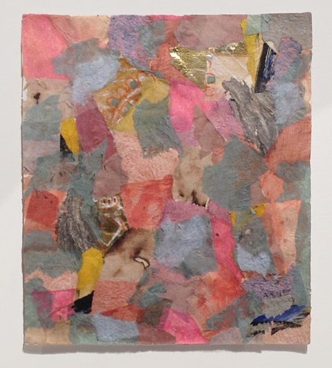 Multicolored abstract collage with bright pink, gold, green, blue, lavender, and yellow paper shapes