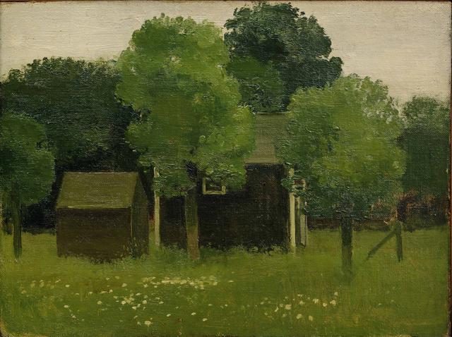 House and smaller house in landscape with trees and grass with wildflowers