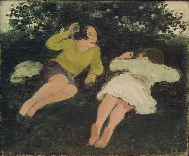 Two female figures in skirts and blouses, one laying on her side and on laying on her stomach, heads facing each other in landscape with bushes