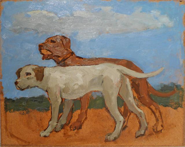 Grea dog and brown dog on brown foreground with grass and blue sky landscape