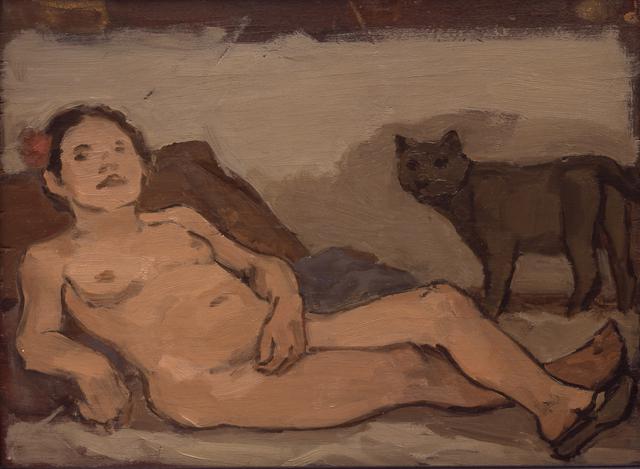 Female nude laying on pillows with dark cat at center right