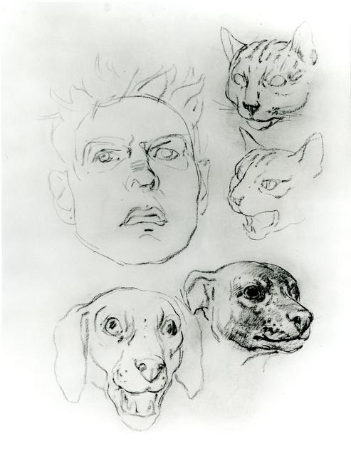 Albert York Self-Portrait with Heads of Two Cats and Two Dogs below and to the right