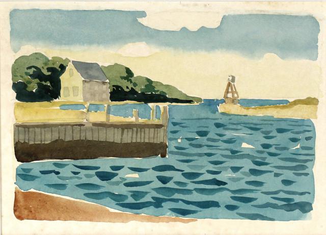 Small waves in bay with dock at left with house and landscape at upper right and single cloud at top center
