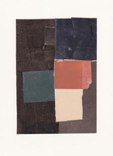 Abstract collage of medium size squares and rectangles in black, blue, lgiht yellow, pthalo green, and reddish brown
