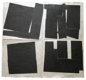 Four squares of abstract black cut out shapes on white paper
