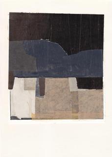 Abstract collage with dark blue and black shapes in center and top with lighter brown shapes at bottom