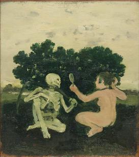 Woman crouching and holding a mirror and Skeleton on the left looking back in front of bushes