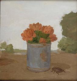 Carnations at center in a Blue Can with a Beetle at bottom right in a Landscape