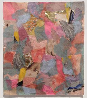 Multicolored abstract collage with bright pink, gold, green, blue, lavender, and yellow paper shapes