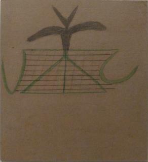 Green basket at top center with brown plant with four leaves