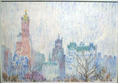 Cityscape of tall buildings with the tops of trees at bottom center