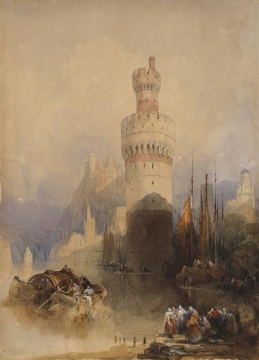 Castle tower on hill siwht figures in clusters and flags on mountain cliffs below