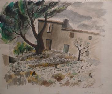 House on hill with tree at left and shrubby rocky landscape in foreground