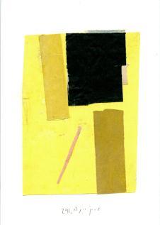 Bright yellow rectangle with tan abstract shapes and black rectangle