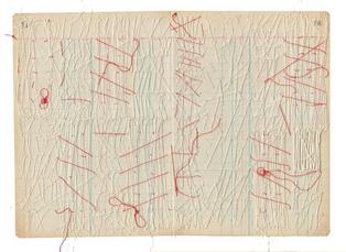 Reverse of left image: multicolored abstract shapes and lines of thread on ledger book paper