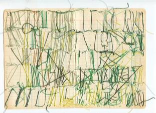 Reverse of left image: multicolored abstract shapes and lines of thread on ledger book paper