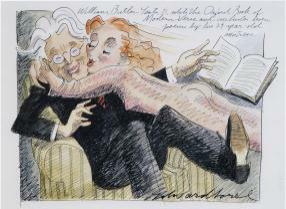 Seated male figure with glasses reading book being hugged and kissed by red haired female figure
