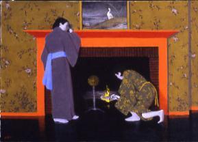 Two figures in kimonos in front of orange fireplace with painting of a swan on mantle. One figure bends and tends fire while figure on left, standing, leans against the mantle