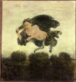 Human figure in sky with horse legs above trees in a landscape