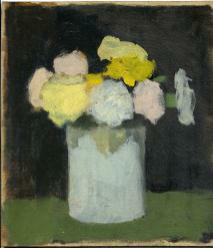 White, pink and yellow flowers in grey vase on green table