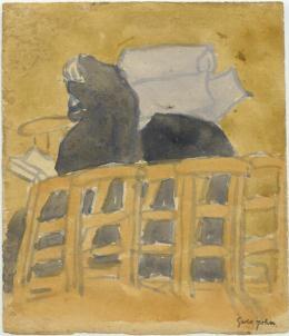 Figure at left in black cloak reading next to figure at right in large white nun's hat seated on chairs