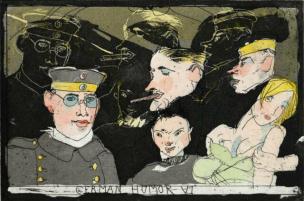 Two soldiers in grey with two soldier in black and three dark soldier figures behind holding blonde woman at lower right