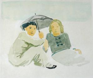 Seated figure in grey clothes holding black umbrella to the left of blonde figure im shirt with three bows, both seated on white ground
