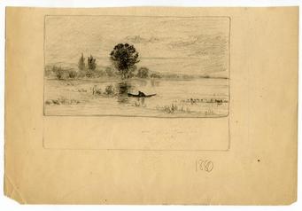 Small landscape with trees and pond with man in rowboat