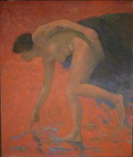 Female figure balance on right leg bending over and pointing down on red ground