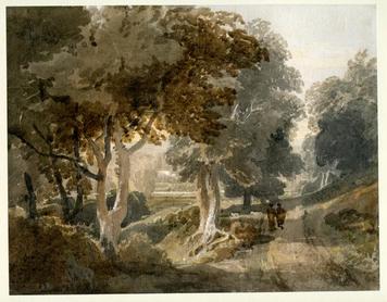 Wooded landscape with dirt road with two figures on it