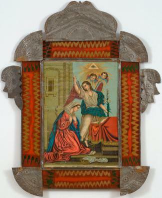 Kneeling female figure below standing angel and two cherub heads in red and tin ornate frame