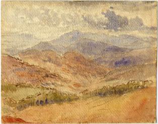 Landscape with purple, blue and brown mountains