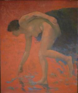 Standing nude figure balanced on right leg bending down and pointing
