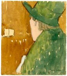 Back of woman in green coat and hat on brown ground